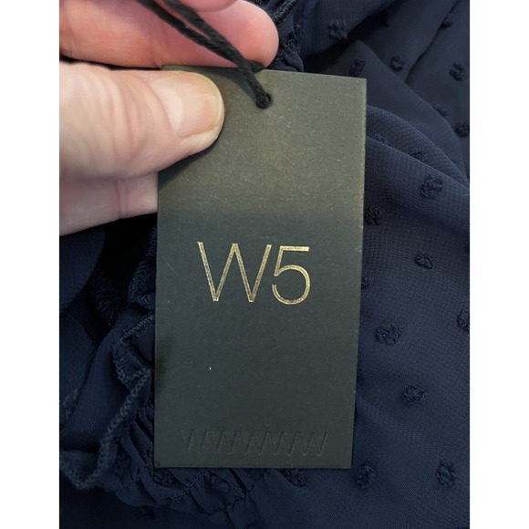 W-5 Navy Blue Sheer Swiss Dot Mock Neck Long Sleeve Blouse M Office Teacher - Picture 7 of 9